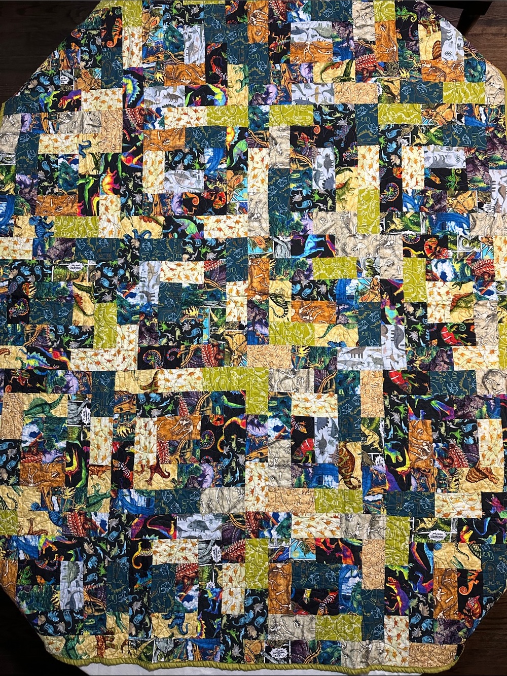 Dragon Patchwork Quilt in Green, Blue, Yellow and Cream